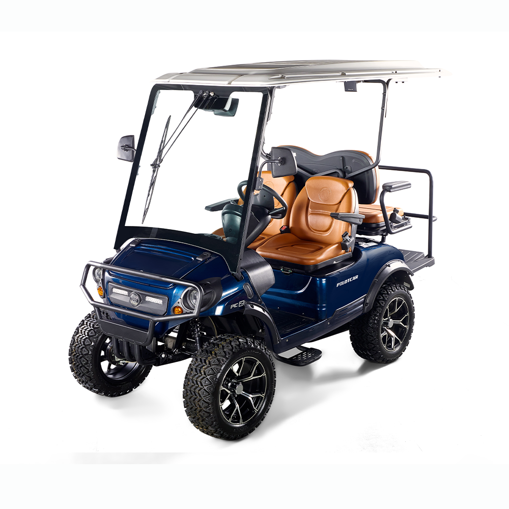 "Blue electric four-seater golf cart with tan leather seats, rugged tires, and a canopy roof, perfect for golf courses and off-road adventures."