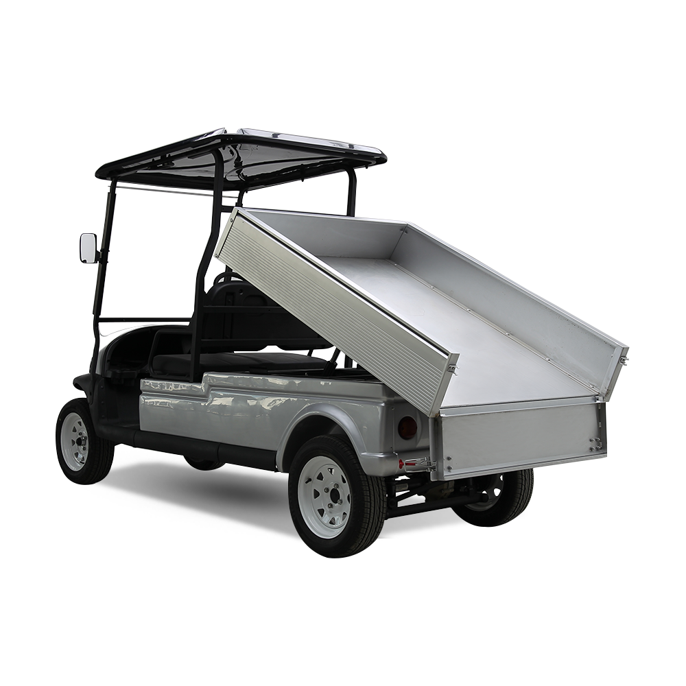 "Electric utility cart with raised cargo bed, ideal for efficient transport and easy loading. Perfect for industrial, commercial, and recreational use."