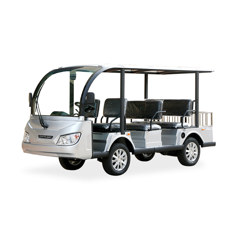 "Eco-friendly, silver 6-seater electric golf cart with canopy, ideal for sustainable transport and tours. Modern design, durable, and comfortable seating."