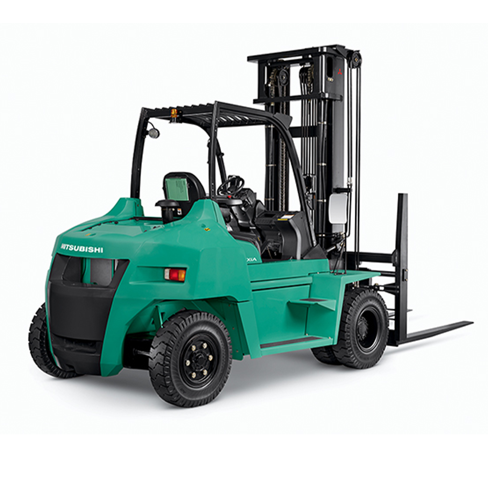 Green Mitsubishi forklift truck with dual front tires and lifting mast, ideal for industrial material handling and warehousing logistics.